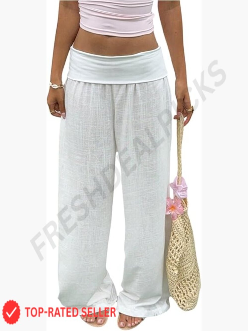 Wide Leg Fold Over Low Rise Linen Pants Casual Lounge Vacation Trousers